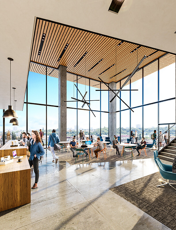 Rendering of cafe and flexible seating at Fuse at Mason Square