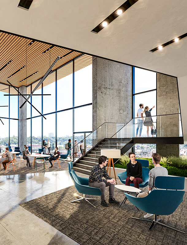 Rendering of flexible open office layouts at Fuse at Mason Square