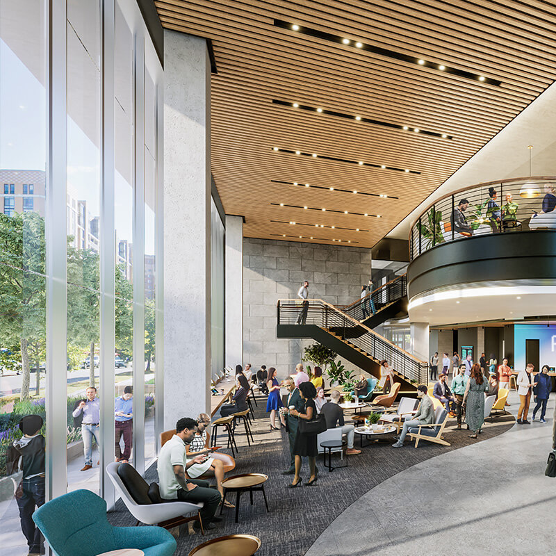 Rendering of two story flex space with sustainable design