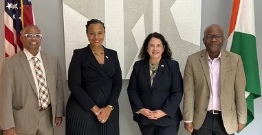 From left, George Mason professor Duminda Wijesekera, U.S. Ambassador to the Ivory Coast Jessica Davis Ba, U.S. Small Business Administrator Isabel Casillas Guzman, and Cybastion CEO Thierry Wandji at the U.S. Embassy in Abidjan. 